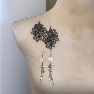 Bronze floral earrings with gold floral earrings